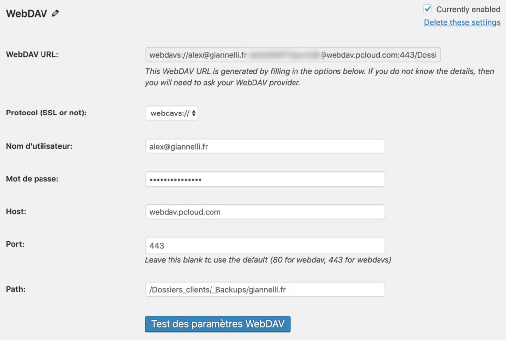 Remplissage des informations WebDAV dans UpdraftPlus
